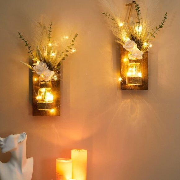 New 2Pack Mason Jar Sconce Wall Decor Rustic LED Fairy Lights Spring Flowers